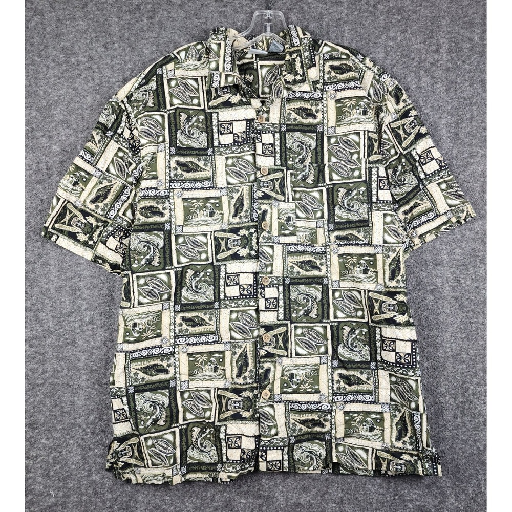 OP Sport Button Down Shirt‎ Mens XXL Green Tiki Tribal Island Print Short Sleeve